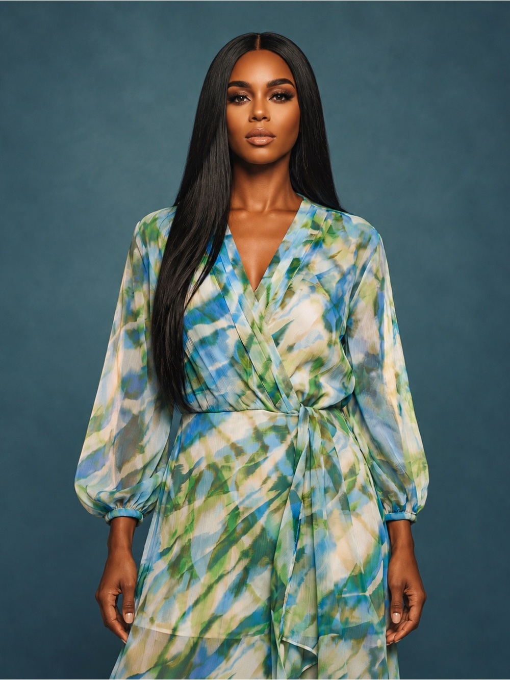 Stunning Dress Blue-Green Sheer Wrap Mini Long Sleeve Women’s Size 6| BCBG